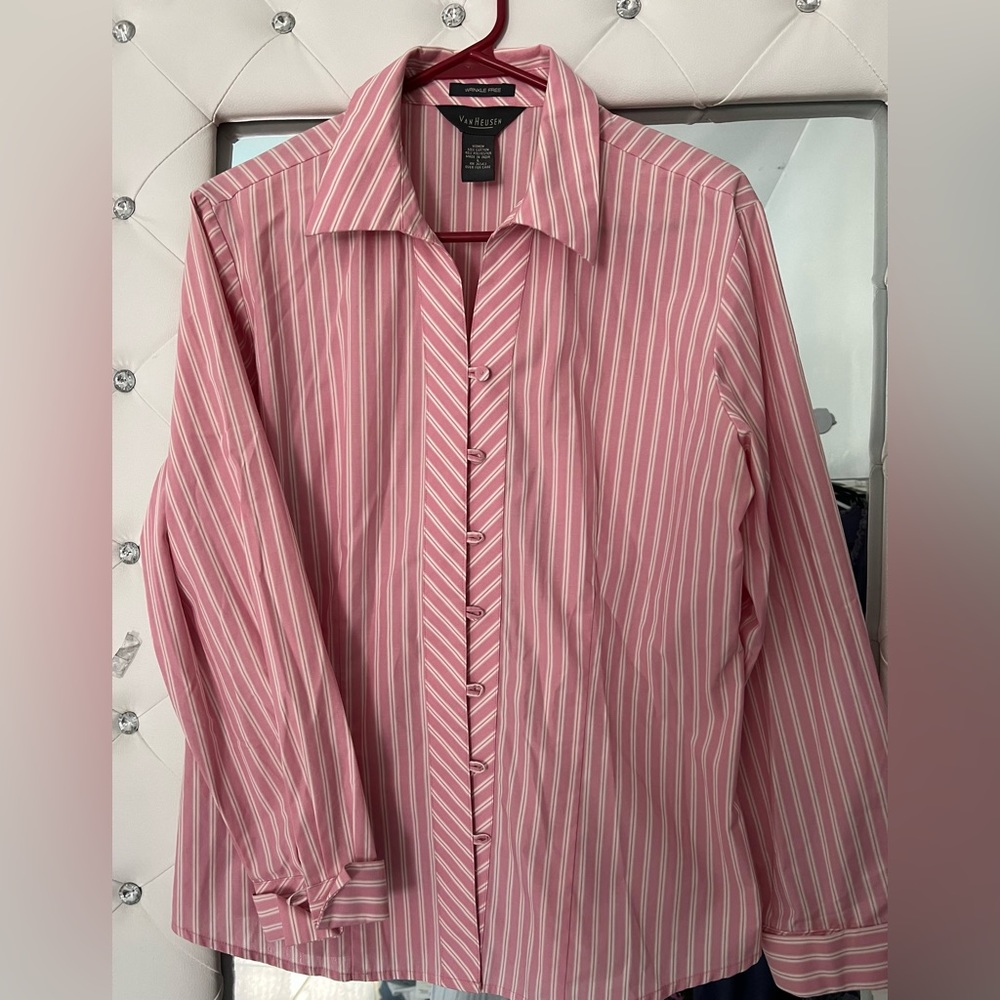 Van Heusen Women Pink & White Stripe Chevron Button Down Long Sleeve Shirt Sz L